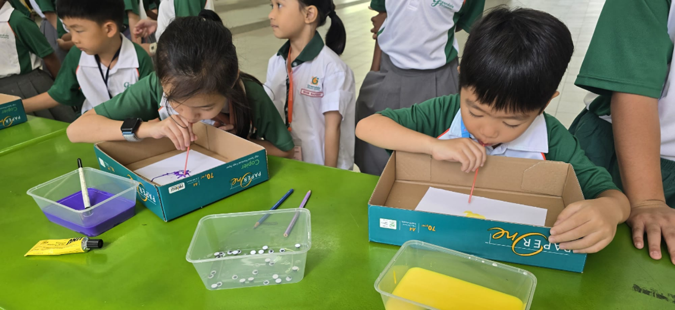 Students creating artwork using blow painting in a hands-on art lesson.